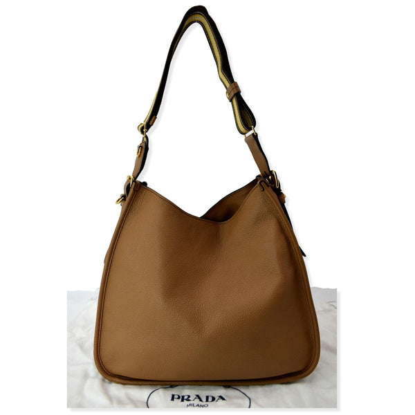 PRADA Logo Soft Leather Hobo Shoulder Bag Taupe | DDH