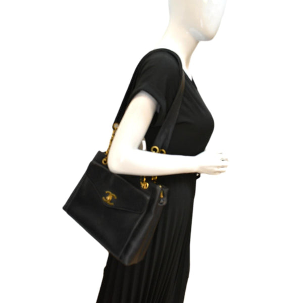 CHANEL Vintage Front Pocket Caviar Leather Shoulder Bag Black