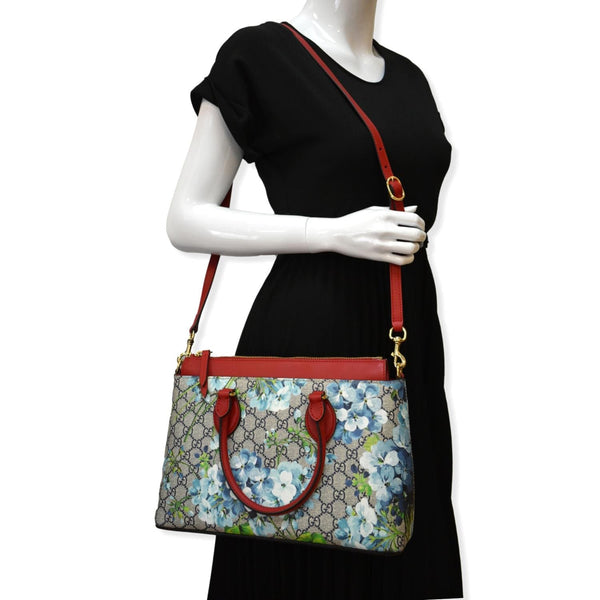 GUCCI Blooms GG Floral Supreme Canvas Leather Satchel Bag Red 409534