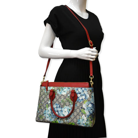GUCCI Blooms GG Floral Supreme Canvas Leather Satchel Bag Red 409534