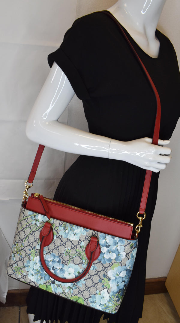 GUCCI Blooms GG Floral Supreme Canvas Leather Satchel Bag Red 546316