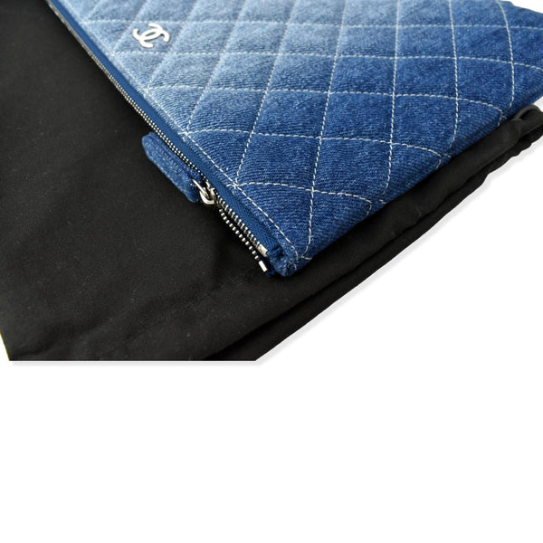CHANEL Quilted Denim O Case Medium Pouch Blue