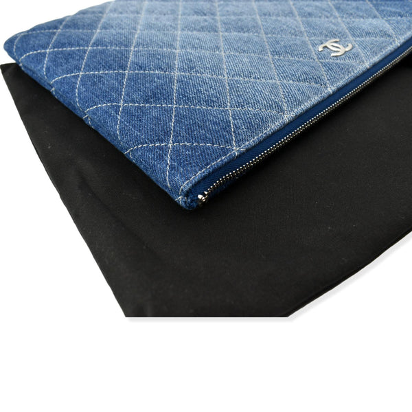 CHANEL Quilted Denim O Case Medium Pouch Blue