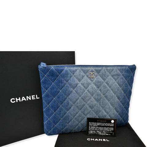 CHANEL Quilted Denim O Case Medium Pouch Blue