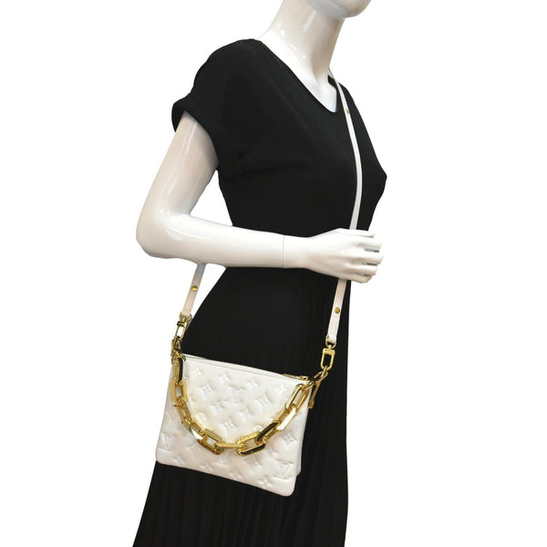 LOUIS VUITTON Coussin BB Monogram Embossed Leather Shoulder Bag White