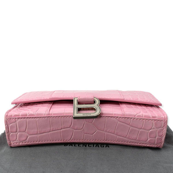 BALENCIAGA Hourglass Crocodile Embossed Chain Wallet Pink