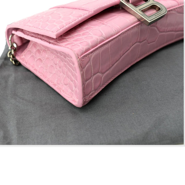 BALENCIAGA Hourglass Crocodile Embossed Chain Wallet Pink