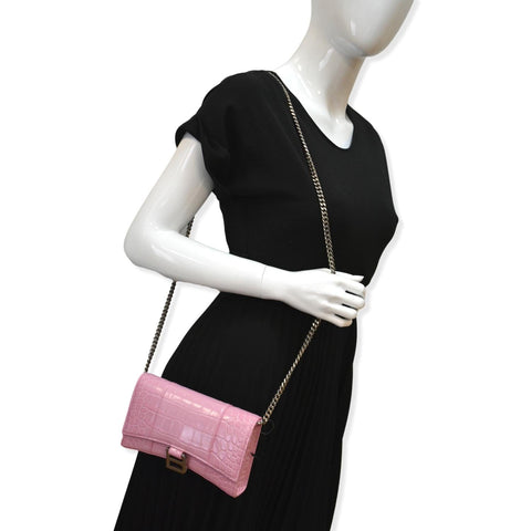 BALENCIAGA Hourglass Crocodile Embossed Chain Wallet Pink