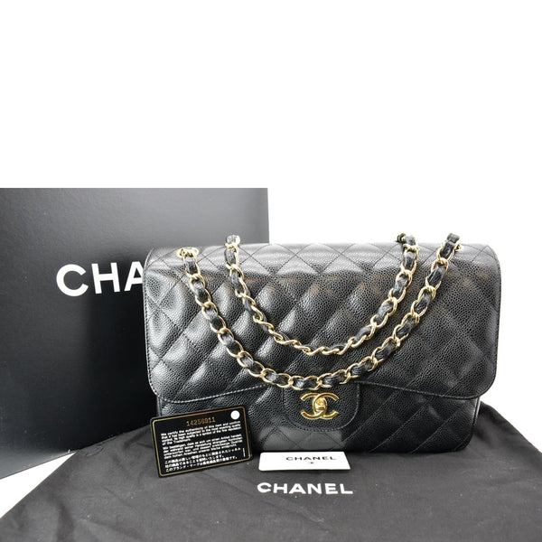 CHANEL Classic Jumbo Double Flap Caviar Leather Shoulder Bag Black