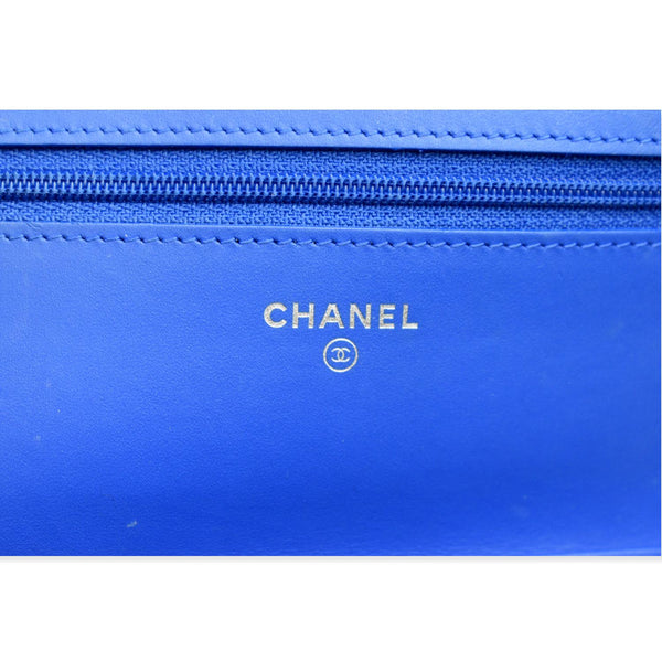 CHANEL Boy WOC Patent Leather Wallet On Chain Clutch Bag Blue