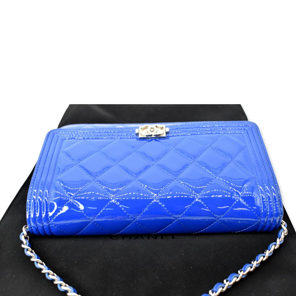 CHANEL Boy WOC Patent Leather Wallet On Chain Clutch Bag Blue