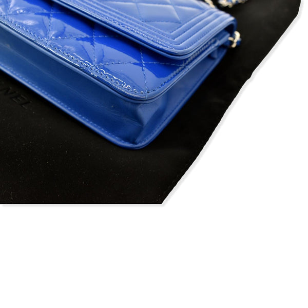 CHANEL Boy WOC Patent Leather Wallet On Chain Clutch Bag Blue