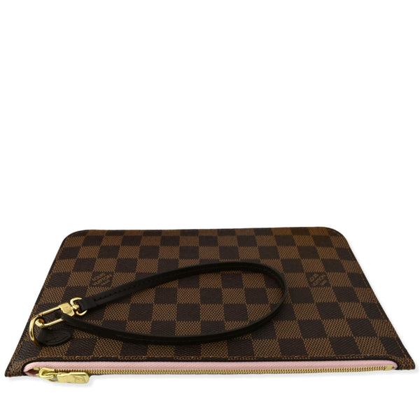 LOUIS VUITTON Neverfull Damier Ebene Pochette Wristlet Pouch Rose Ballerine