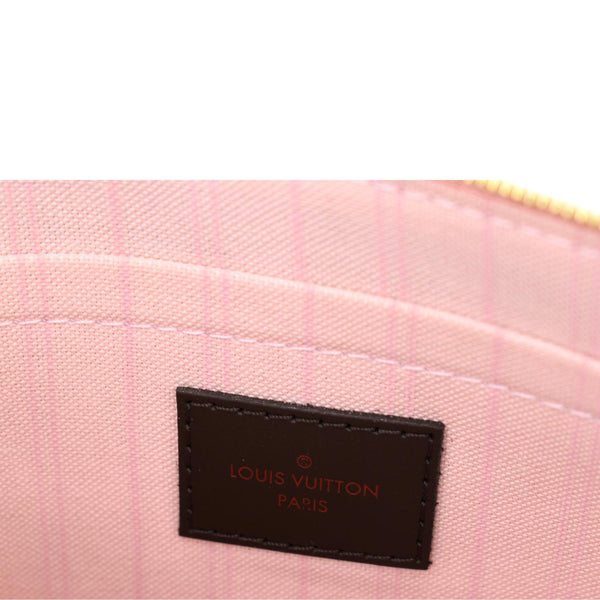 LOUIS VUITTON Neverfull Damier Ebene Pochette Wristlet Pouch Rose Ballerine