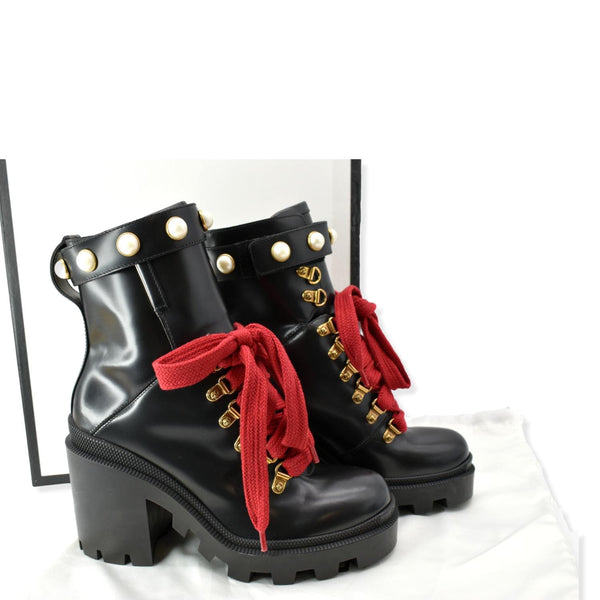 GUCCI Calfskin Pearl Lace Up Combat Ankle Boots Black 497372 Size 36.5