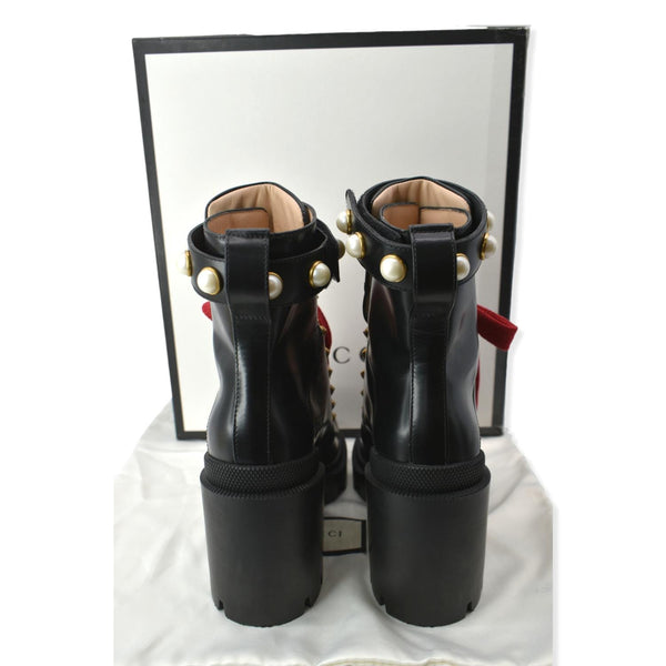 GUCCI Calfskin Pearl Lace Up Combat Ankle Boots Black 497372 Size 36.5