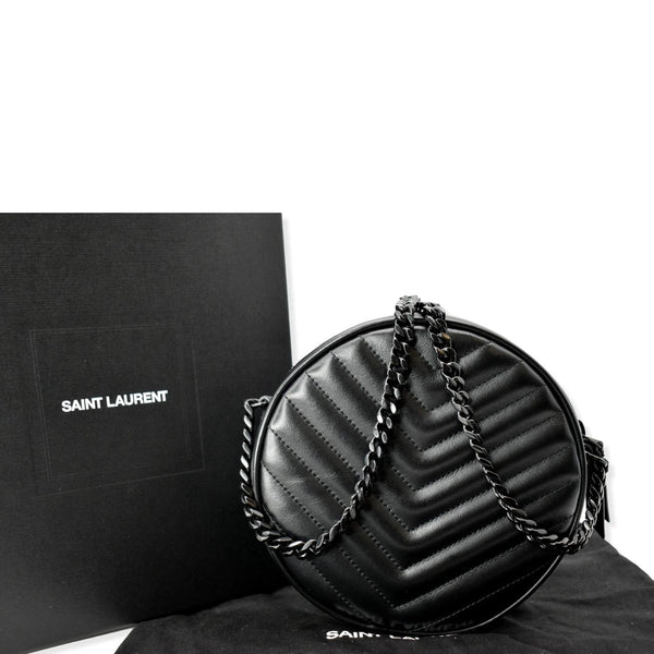 YVES SAINT LAURENT Vinyle Round Chevron Leather Camera Crossbody Bag Black