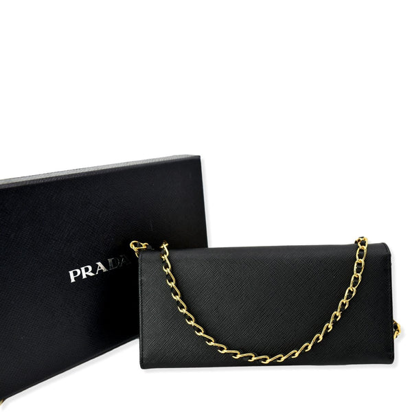 PRADA Saffiano Leather Wallet on Chain Clutch Crossbody Bag Black