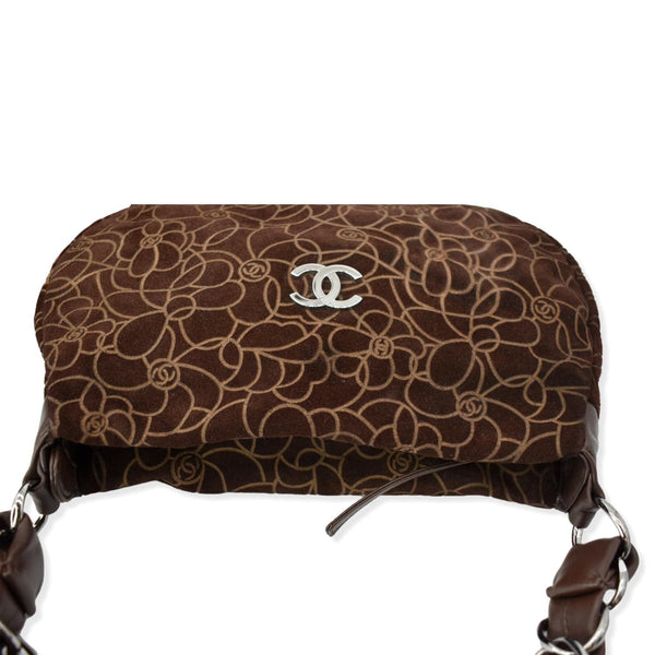 CHANEL Camellia Chain Embossed Suede Medium Shoulder Bag Brown