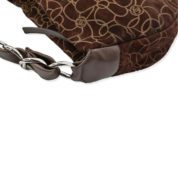 CHANEL Camellia Chain Embossed Suede Medium Shoulder Bag Brown