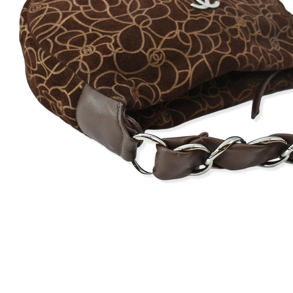 CHANEL Camellia Chain Embossed Suede Medium Shoulder Bag Brown