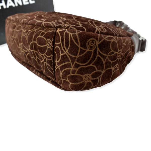 CHANEL Camellia Chain Embossed Suede Medium Shoulder Bag Brown