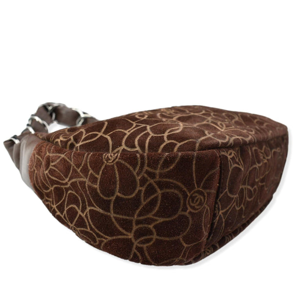 CHANEL Camellia Chain Embossed Suede Medium Shoulder Bag Brown