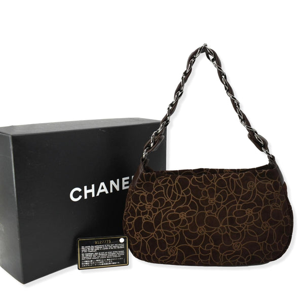 CHANEL Camellia Chain Embossed Suede Medium Shoulder Bag Brown