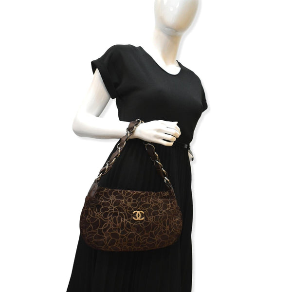 CHANEL Camellia Chain Embossed Suede Medium Shoulder Bag Brown