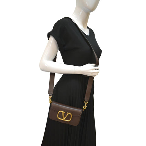 VALENTINO Loco V Logo Calfskin Leather Crossbody Bag Dark Brown