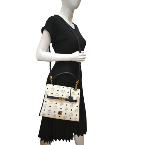 MCM Mini Kelly Visetos Coated Canvas Shoulder Bag White-DDH