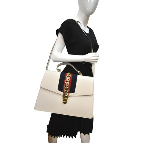 GUCCI Maxi Sylvie Calfskin Leather Top Handle Shoulder Bag White 477631