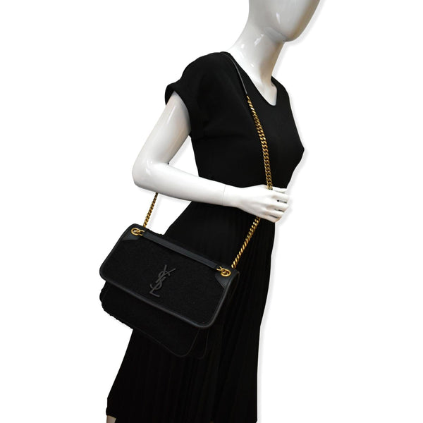 YVES SAINT LAURENT Niki Medium Tweed Shoulder Bag Black