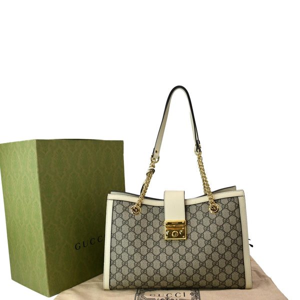 GUCCI Padlock Medium GG Supreme Canvas Shoulder Bag Beige 479197