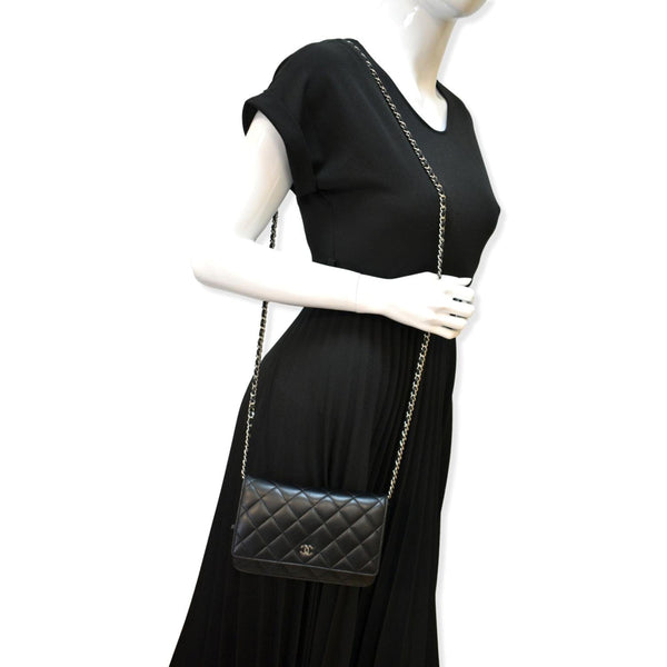CHANEL Wallet On Chain Lambskin Leather WOC Crossbody Bag Black