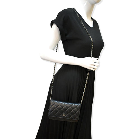 CHANEL Wallet On Chain Lambskin Leather WOC Crossbody Bag Black