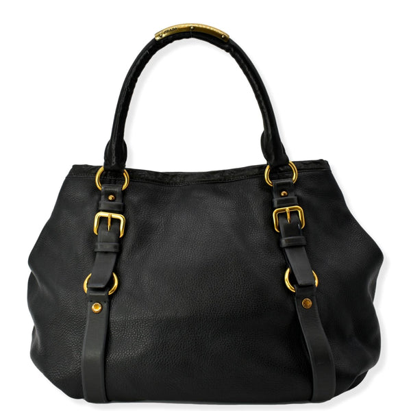 PRADA Vitello Daino Logo Embossed Leather Hobo Bag Black