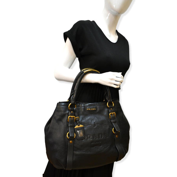 PRADA Vitello Daino Logo Embossed Leather Hobo Bag Black