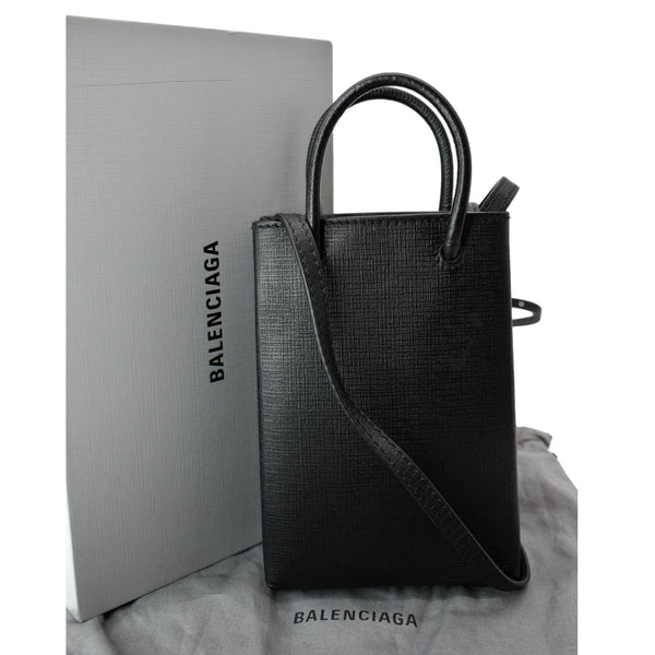 BALENCIAGA Leather Phone Holder Shopping Tote Shoulder Bag Black