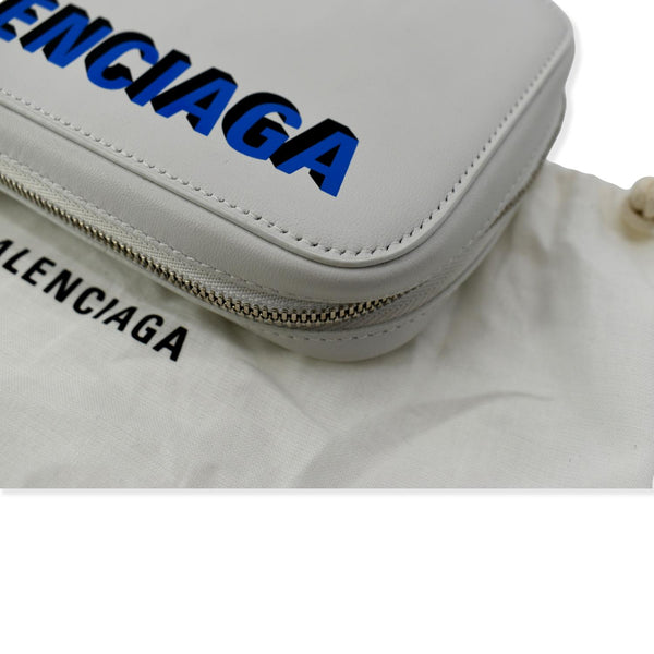 BALENCIAGA Logo Print Leather Strap Cash Phone Holder White