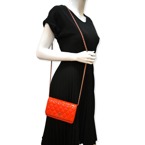 CHANEL WOC Patent Leather Wallet On Chain Clutch Bag Red