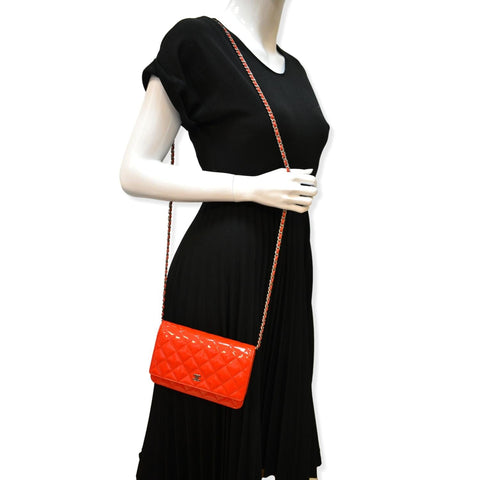 CHANEL WOC Patent Leather Wallet On Chain Clutch Bag Red