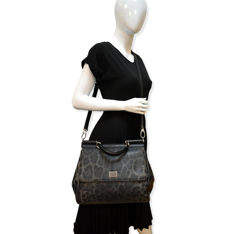 DOLCE & GABBANA Miss Sicily Leopard Print Leather Shoulder Bag Black