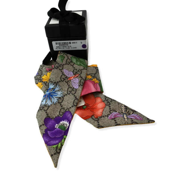 GUCCI Floral Print Monogram Silk Twilly Scarf Multicolor