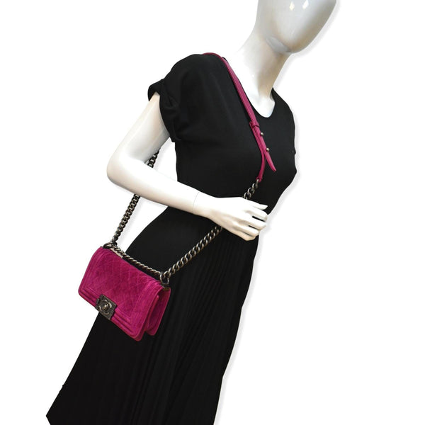 CHANEL Small Boy CC Chain Velvet Shoulder Bag Fuchsia