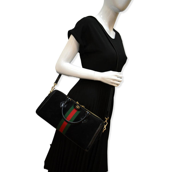 GUCCI Ophidia GG Suede Web Top Handle Shoulder Bag Black 524532