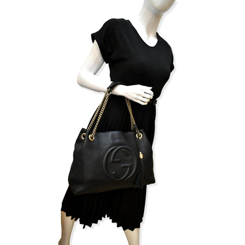 GUCCI Soho Pebbled Leather Chain Shoulder Bag Black 308982