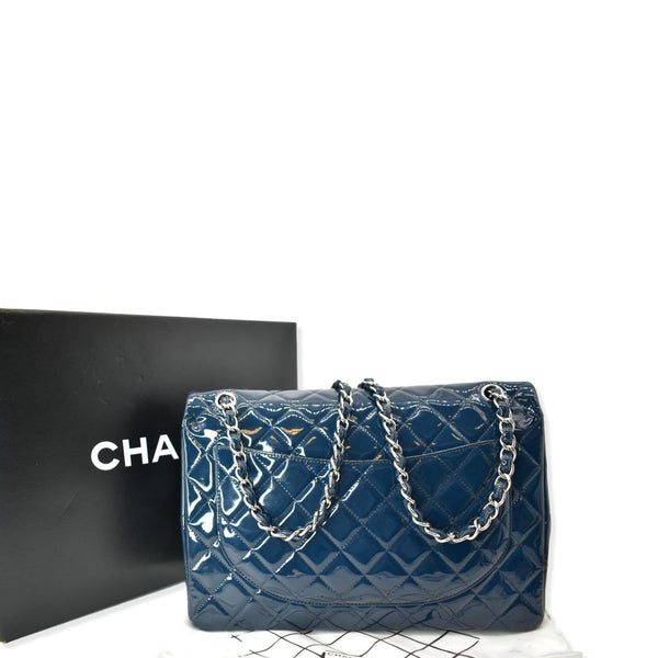 CHANEL Classic Maxi Double Flap Quilted Patent Leather Shoulder Bag Marine