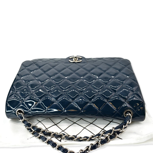 CHANEL Classic Maxi Double Flap Quilted Patent Leather Shoulder Bag Marine