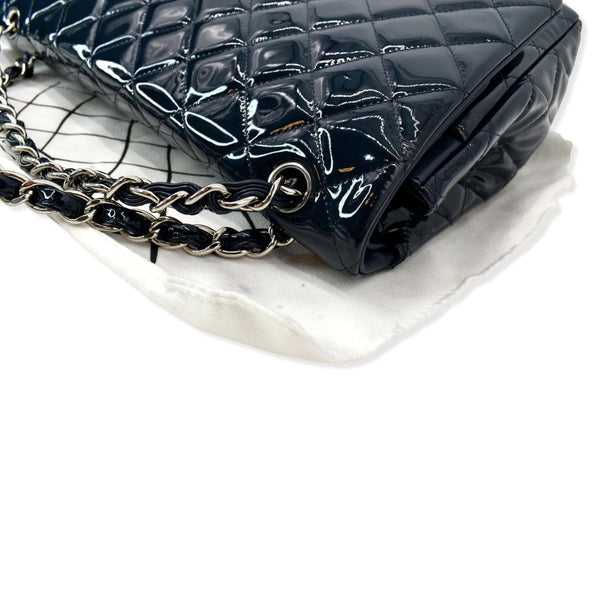 CHANEL Classic Maxi Double Flap Quilted Patent Leather Shoulder Bag Marine